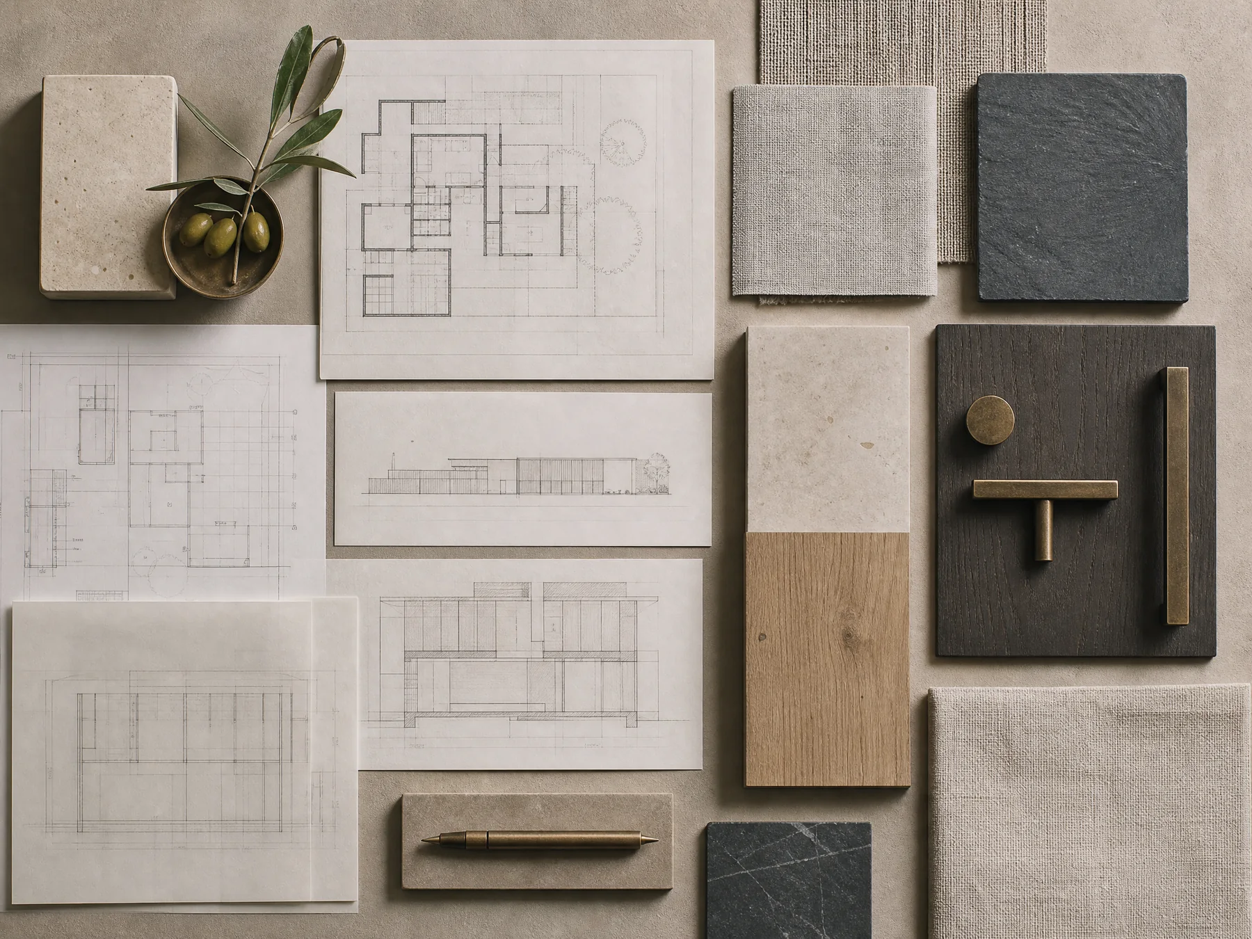 Conceptual Design Blueprint study with architectural plans and coordinated material samples